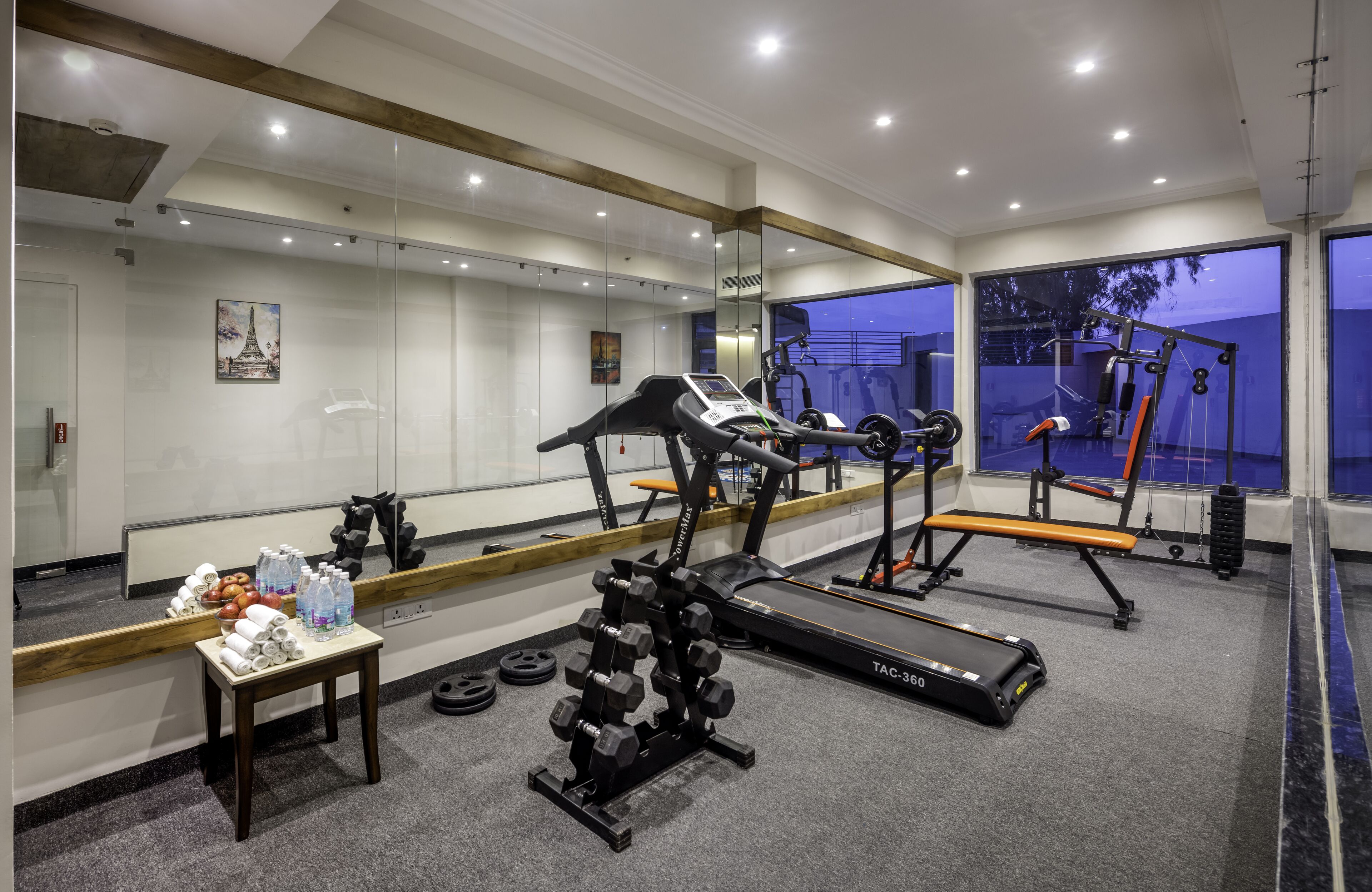 Un gimnasio moderno con equipamiento cardiovascular, máquinas de pesas y un espejo grande.