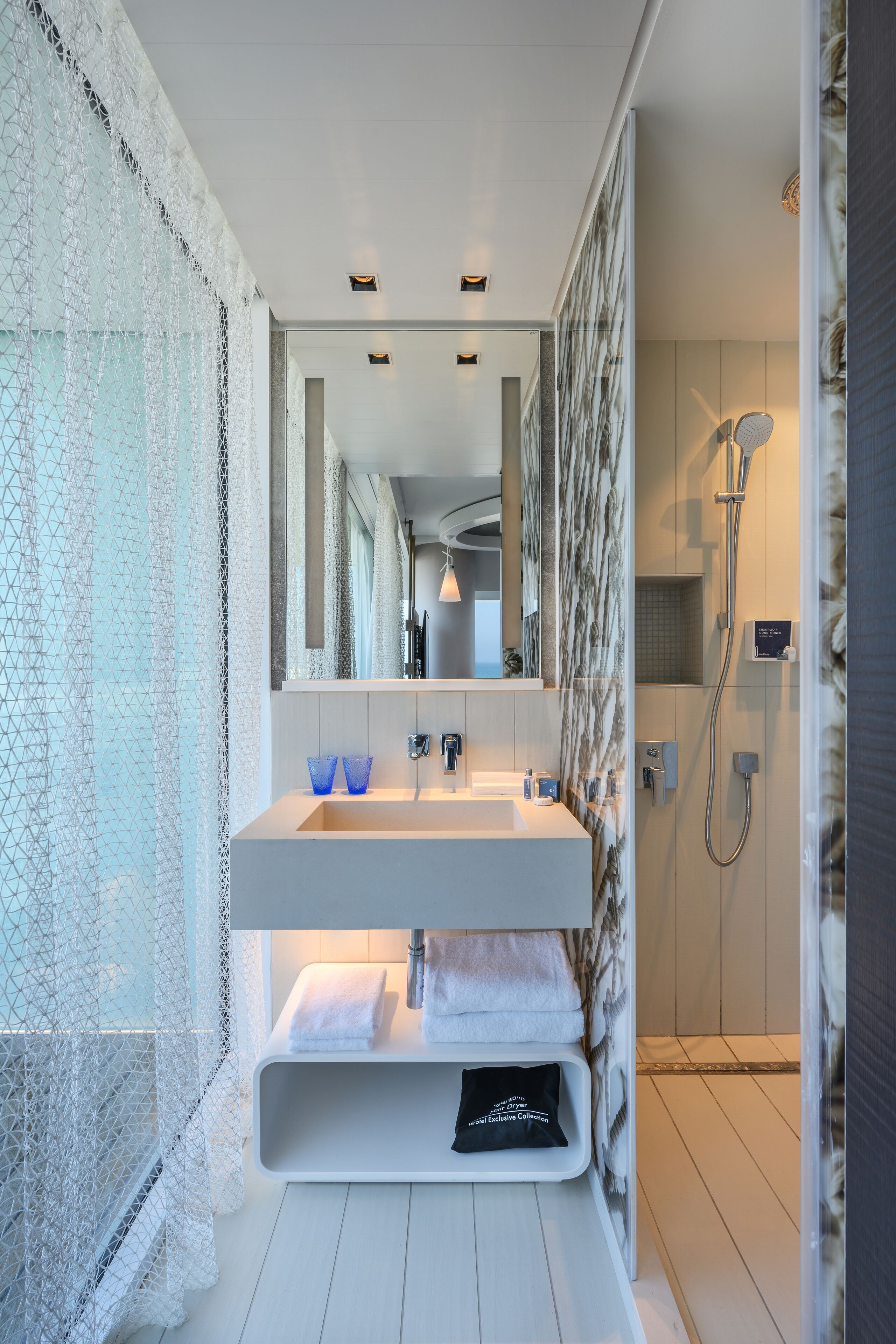 shower, rainfall showerhead, towels