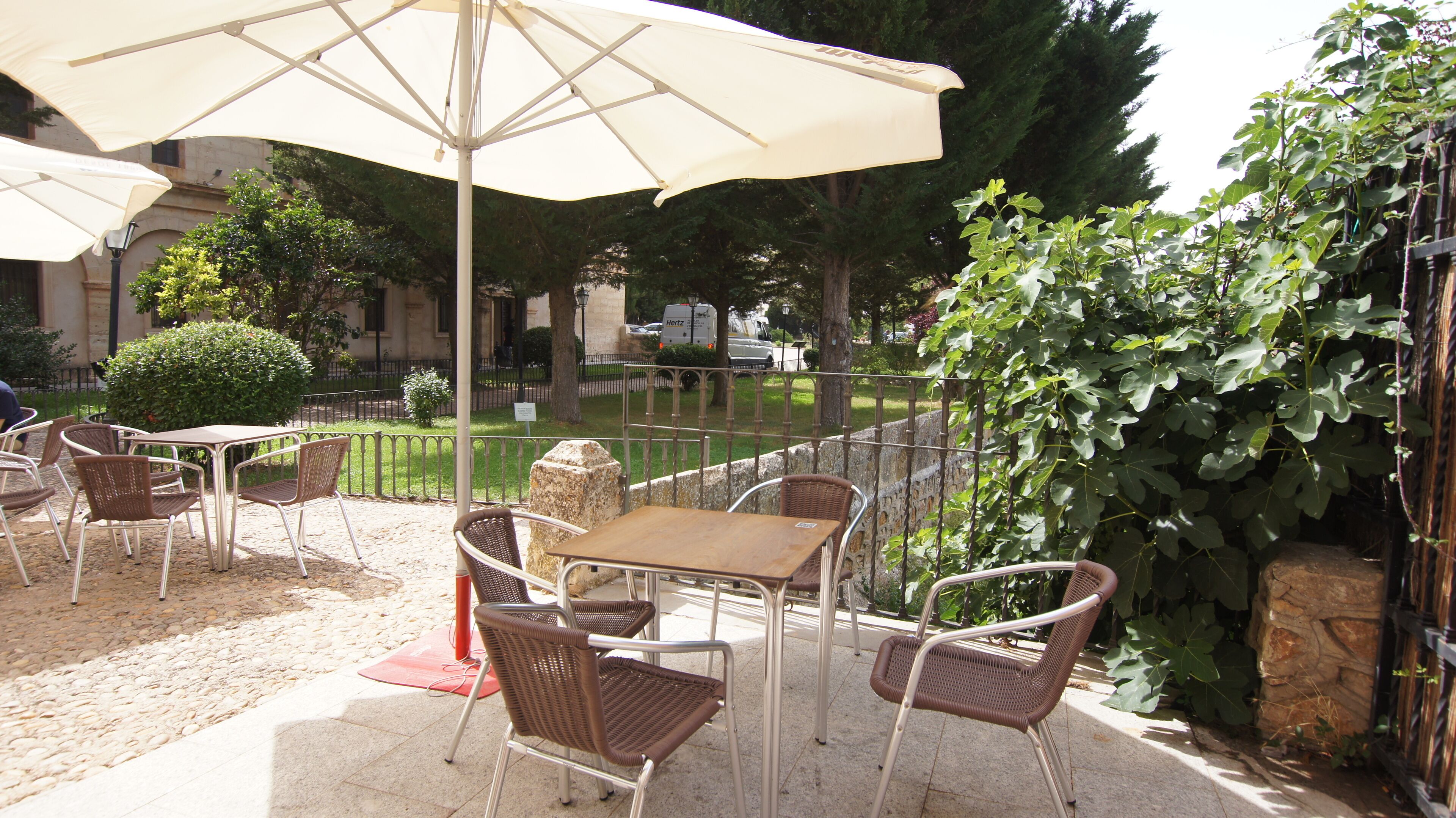 Un patio al aire libre con mesas y sillas, un toldo grande y un muro de piedra cubierto de vegetación.