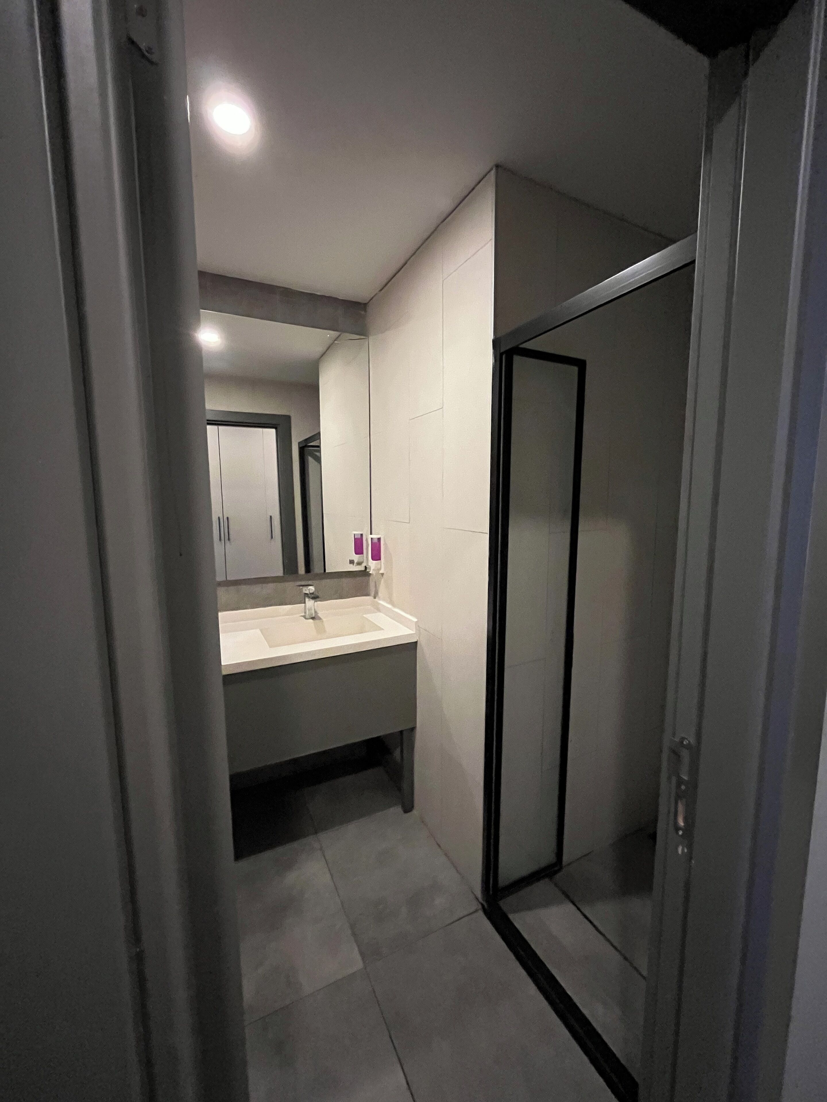 A modern bathroom with a large mirror, a sink, and a shower area.