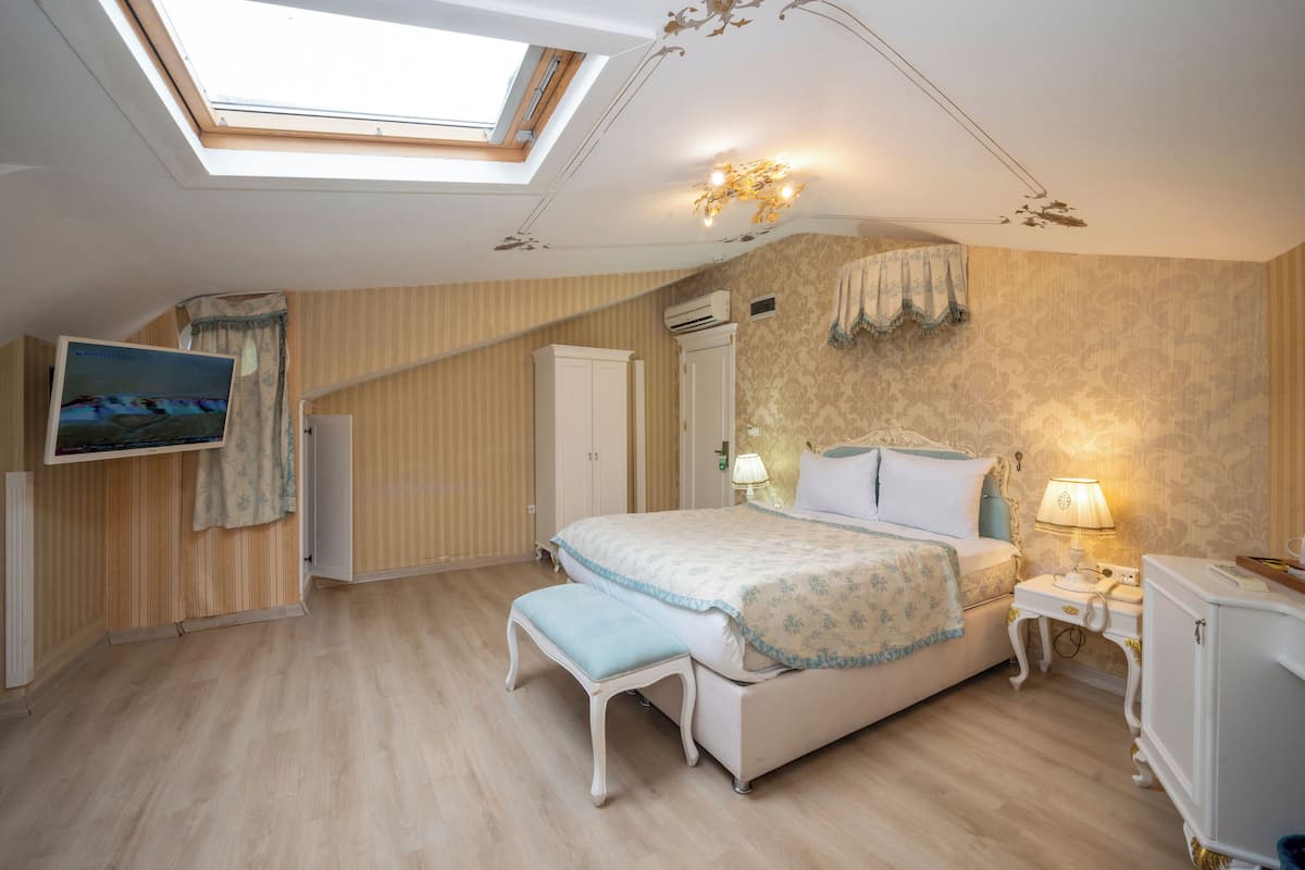Une chambre avec un puits de lumière, un lit, une table de chevet, une lampe et un téléviseur.