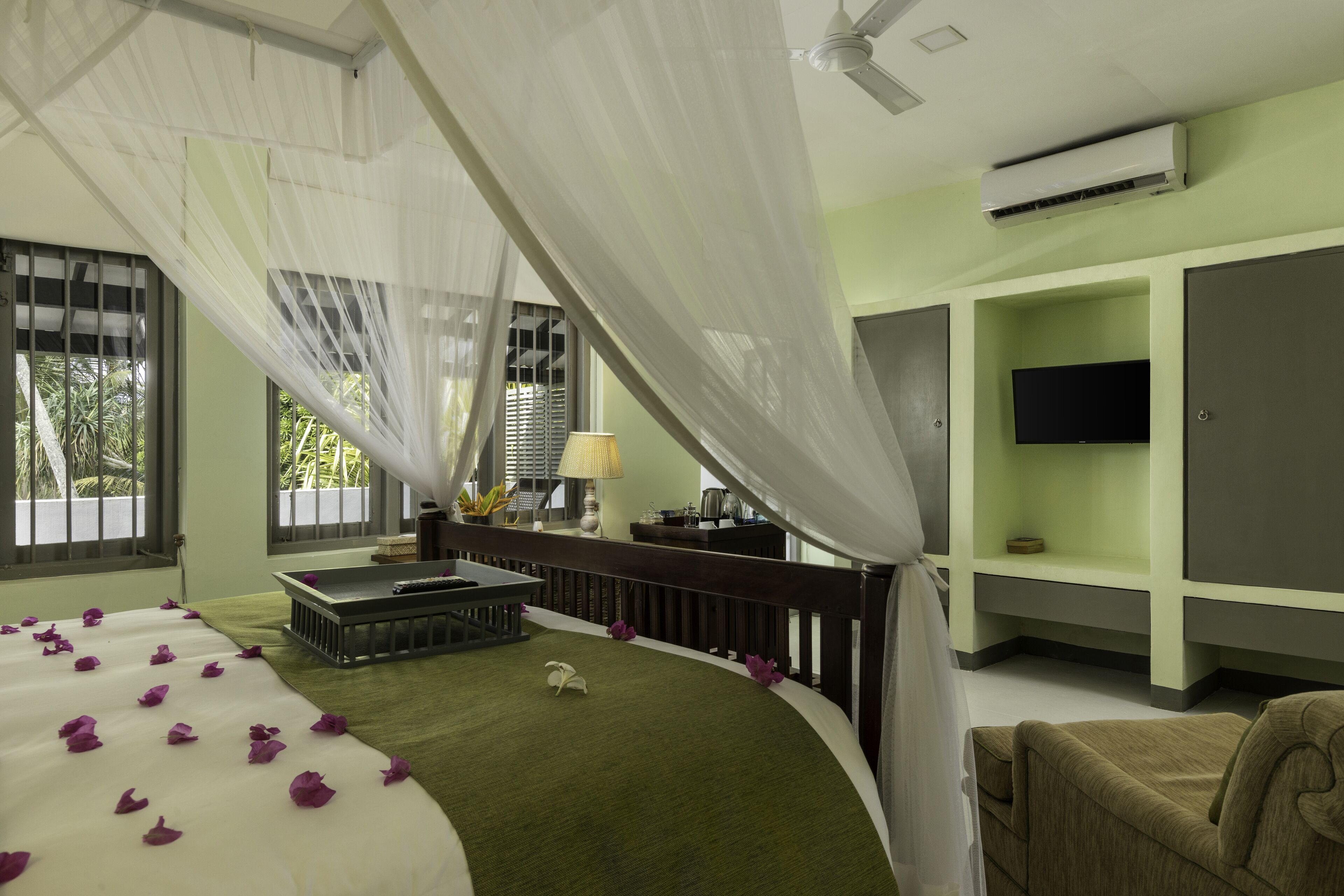 Una habitación con cama, televisión, escritorio y ventana con vistas a zonas verdes.