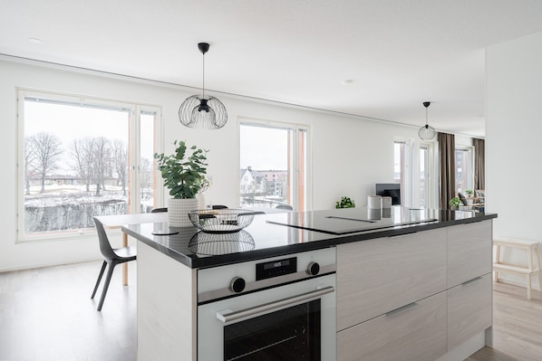 Deluxe-lejlighed | Privat køkken | Køleskab/fryser i fuld størrelse, mikrobølgeovn, ovn, kogeplade