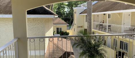 A balcony with a metal railing, a potted plant, and a view of neighboring buildings.
