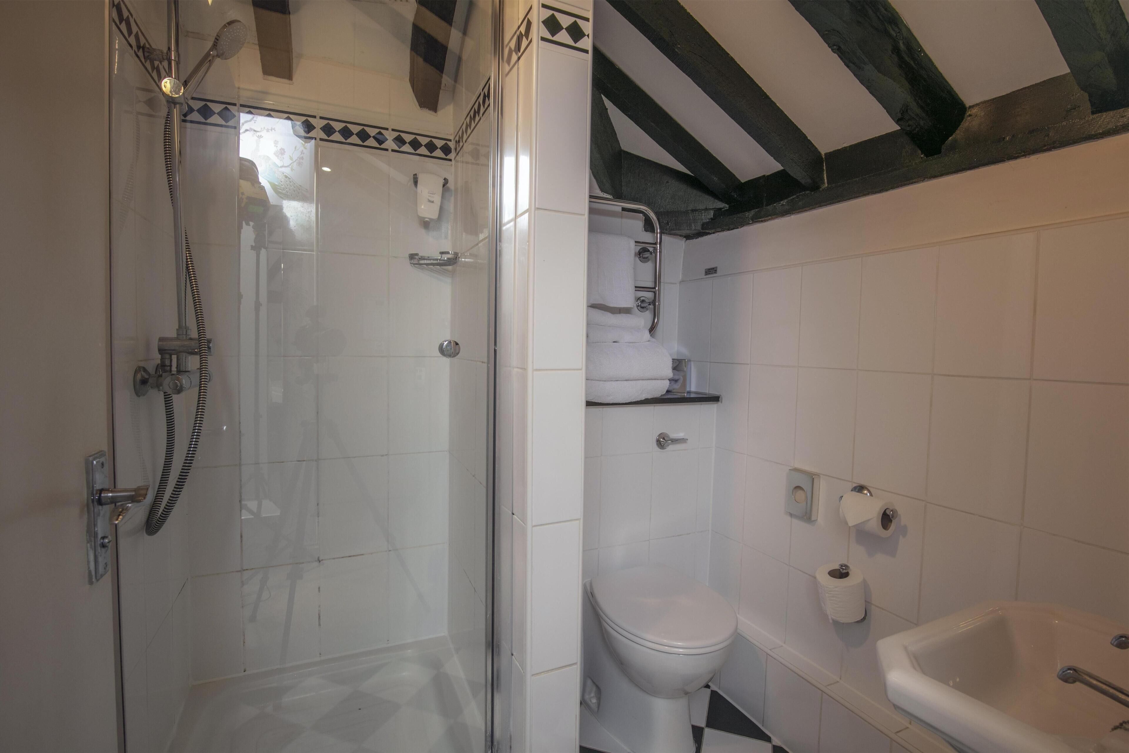 Un baño con ducha de vidrio, inodoro y lavamanos.
