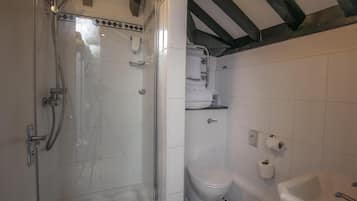 Un baño con ducha de vidrio, inodoro y lavamanos.