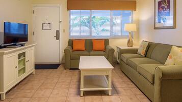 42-inch TV with cable channels, DVD player