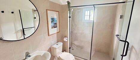 A bathroom with a sink, toilet, and glass-enclosed shower.