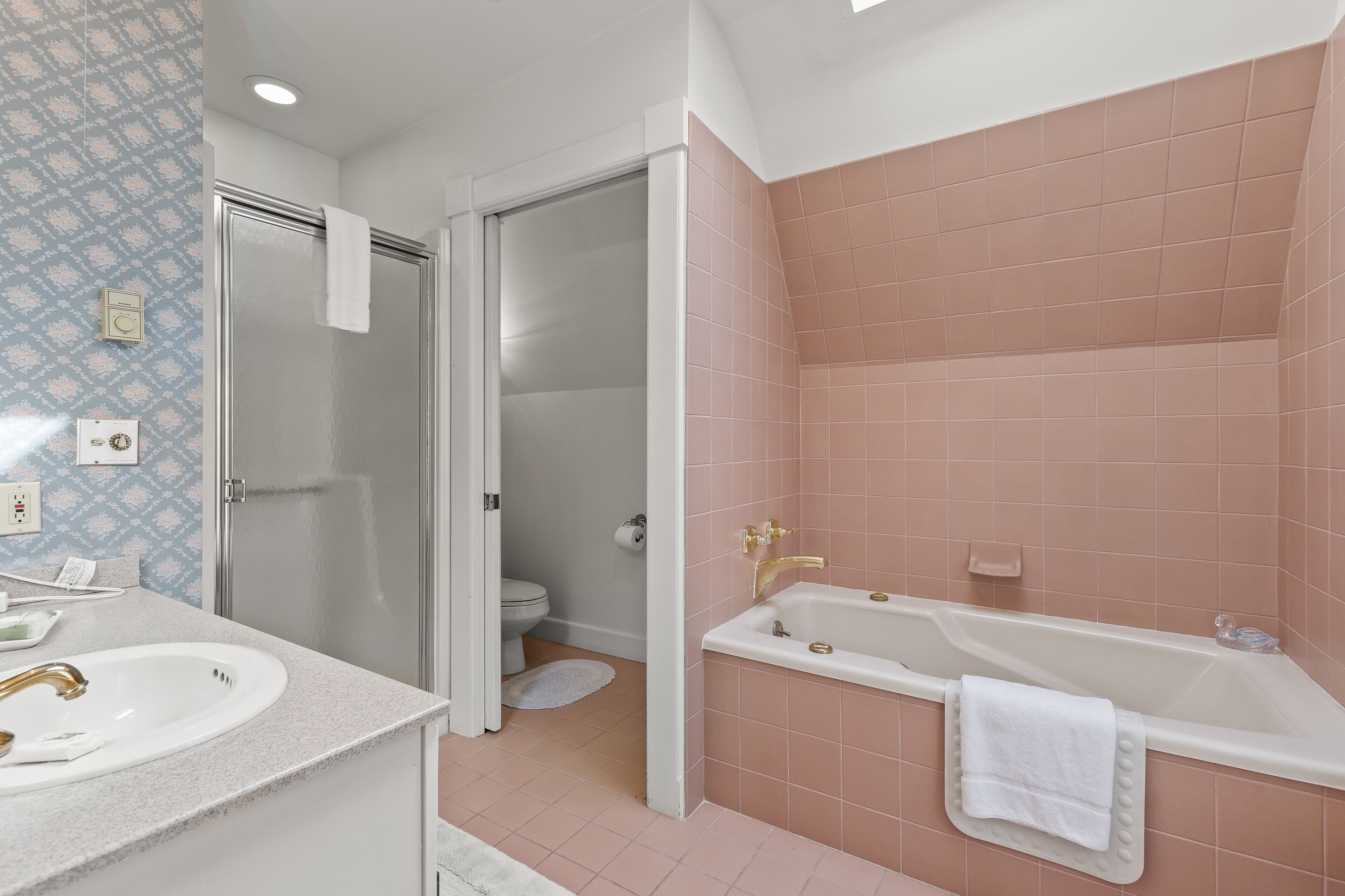 A bathroom with a sink, toilet, shower, and bathtub.