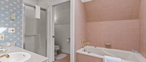 A bathroom with a sink, toilet, shower, and bathtub.