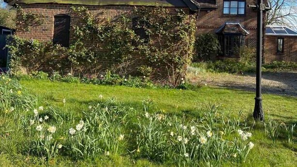 Una casa tradicional de ladrillo con techo inclinado y un pequeño jardín delantero.
