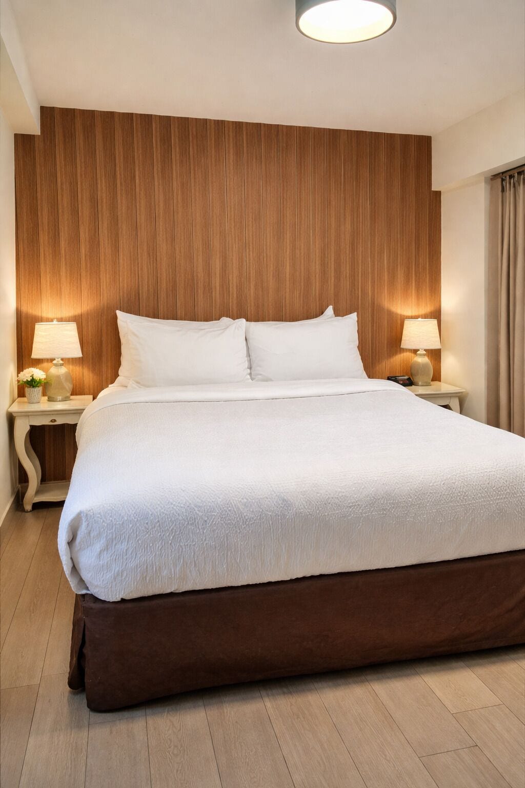 Desk, laptop workspace, blackout drapes, iron/ironing board