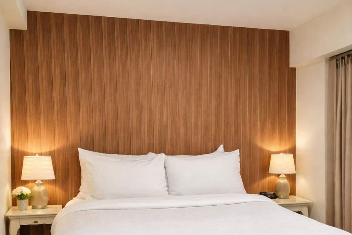 Desk, laptop workspace, blackout drapes, iron/ironing board