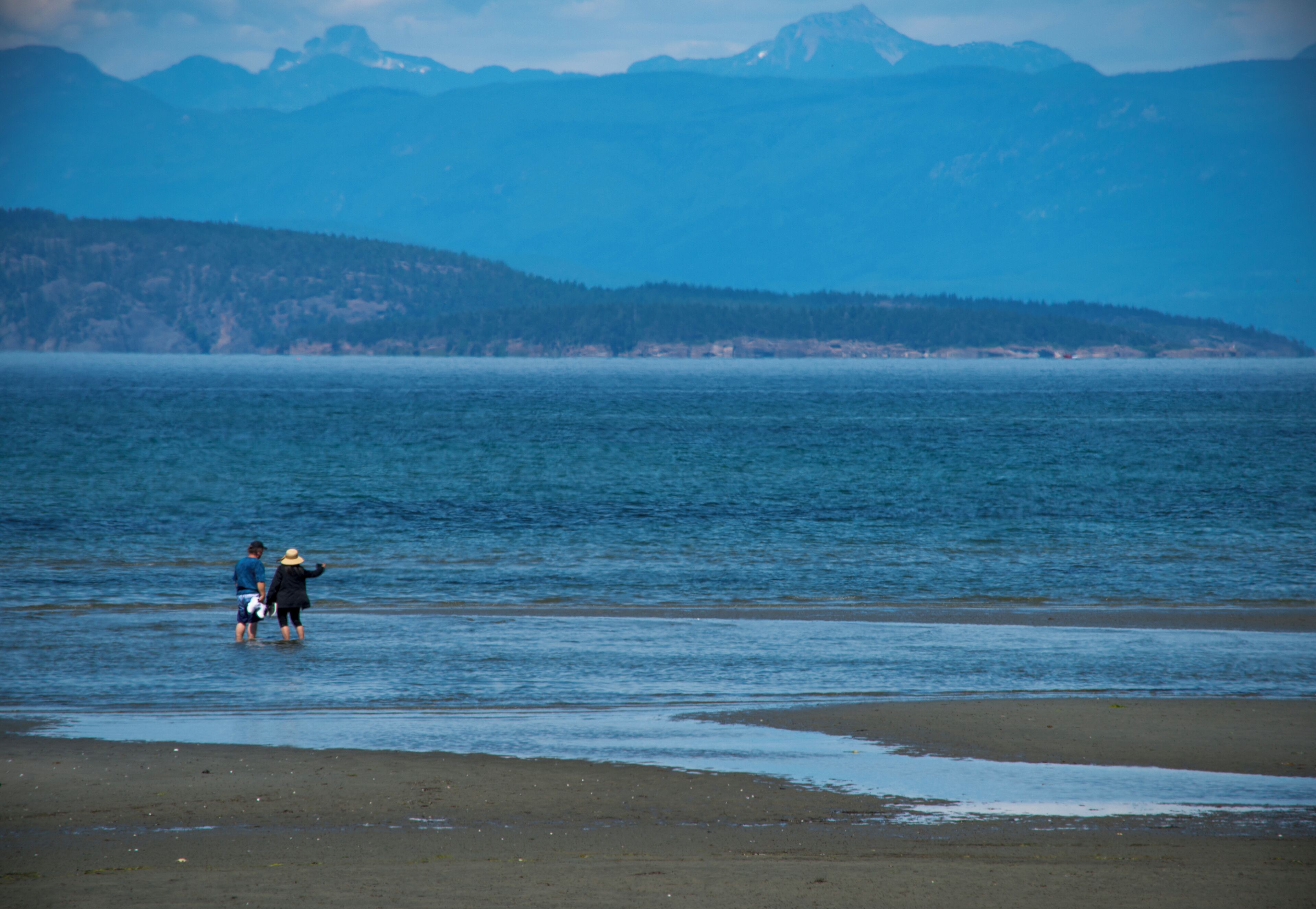 Une plage où des personnes se tiennent dans une eau peu profonde, une chaîne de montagnes en arrière-plan et une vue dégagée sur l’océan.