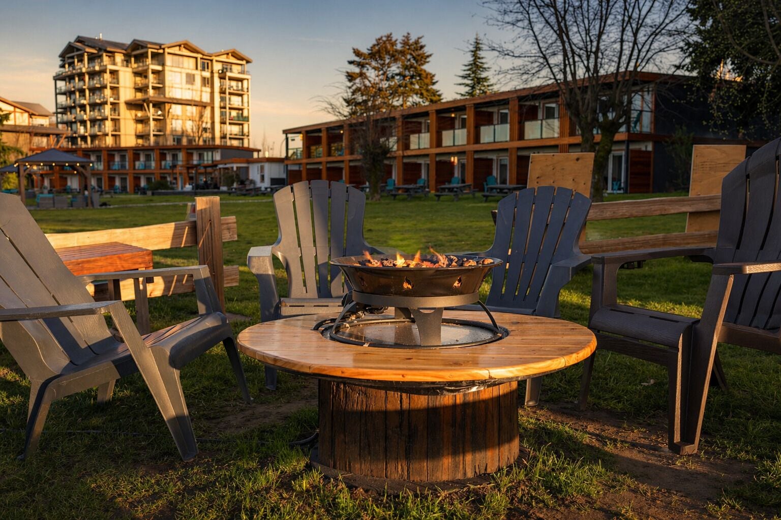 A circular wooden table with a fire pit in the center, surrounded by four Adirondack chairs.