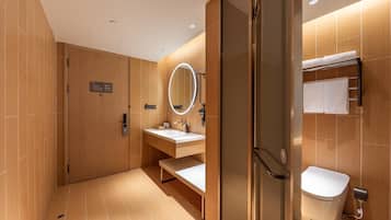 A modern bathroom with a glass shower enclosure, a vanity with a mirror, and a toilet.