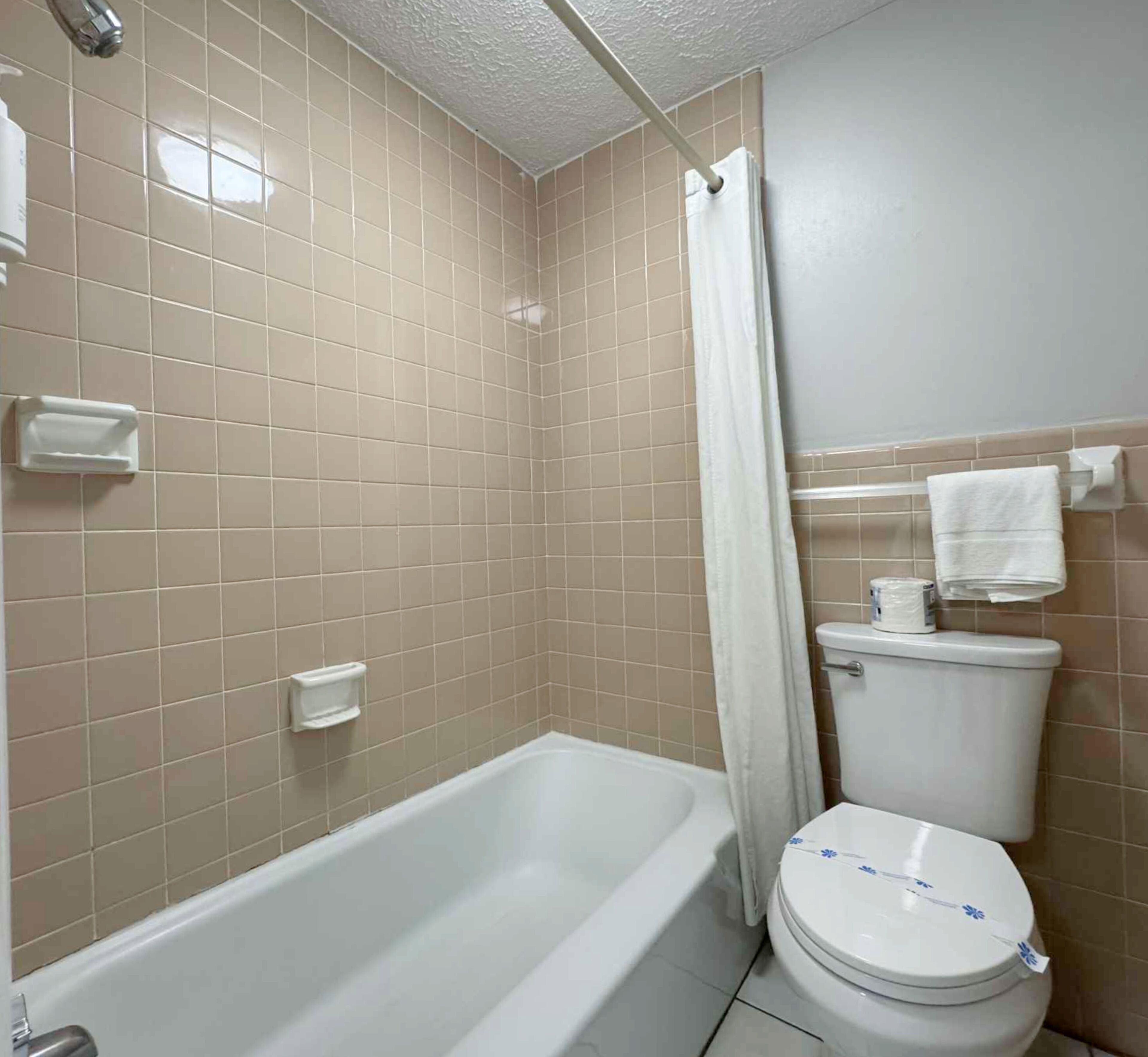 A bathroom with a bathtub, toilet, and shower curtain.