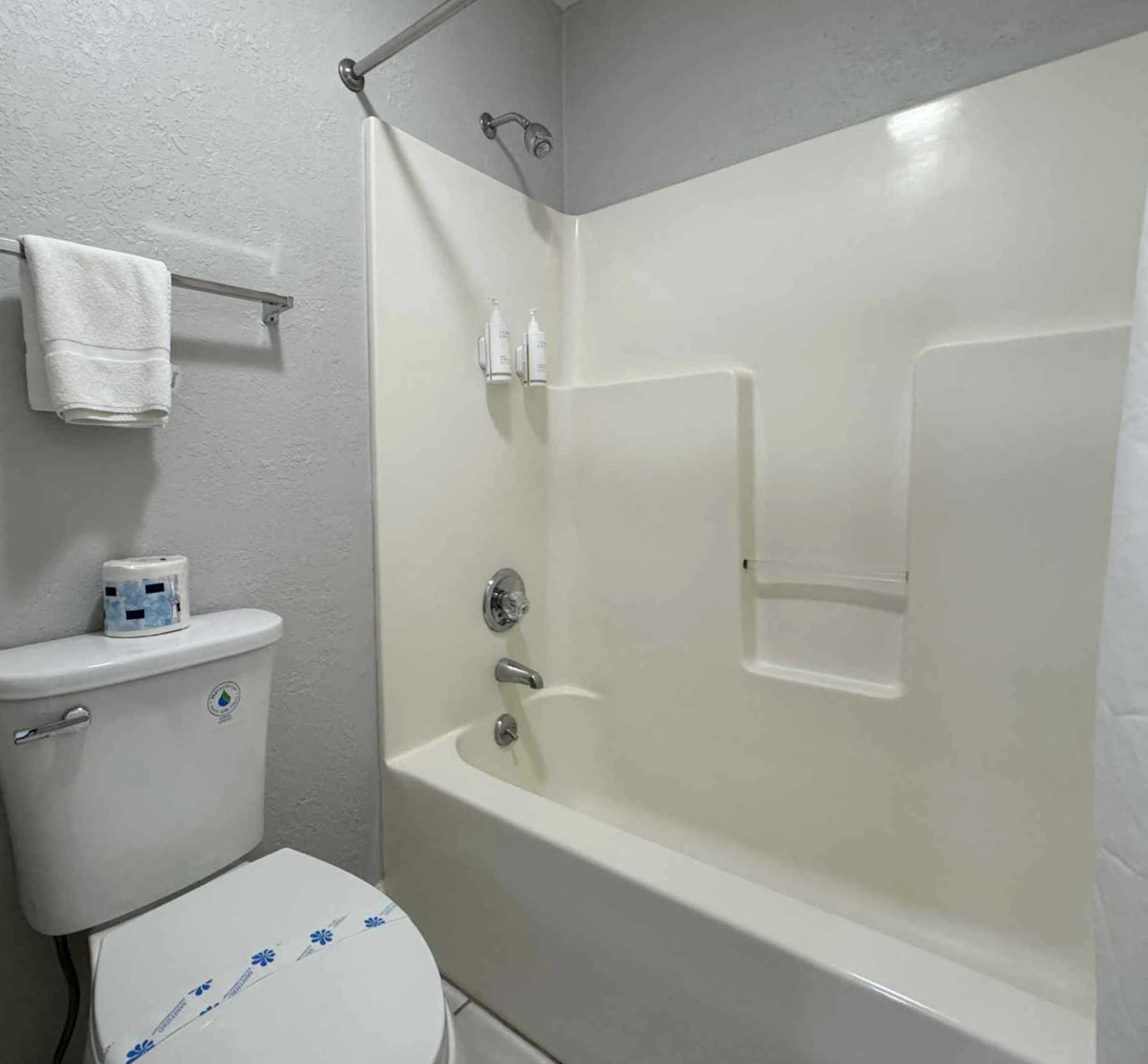 A bathroom with a toilet, a shower, and a bathtub.