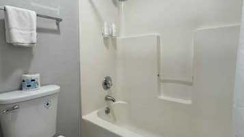 A bathroom with a toilet, a shower, and a bathtub.