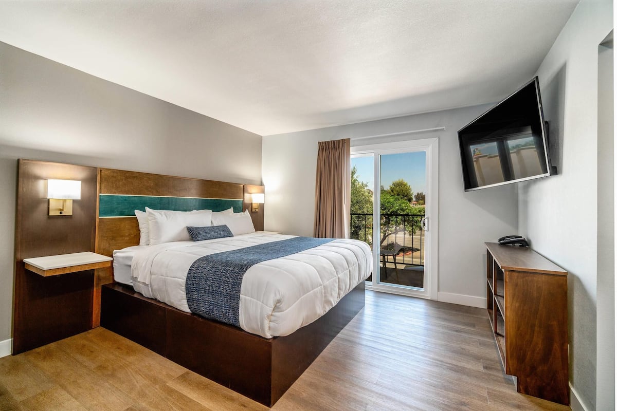 A hotel room with a large bed, bedside tables, a TV mounted on the wall, and a balcony with a view.