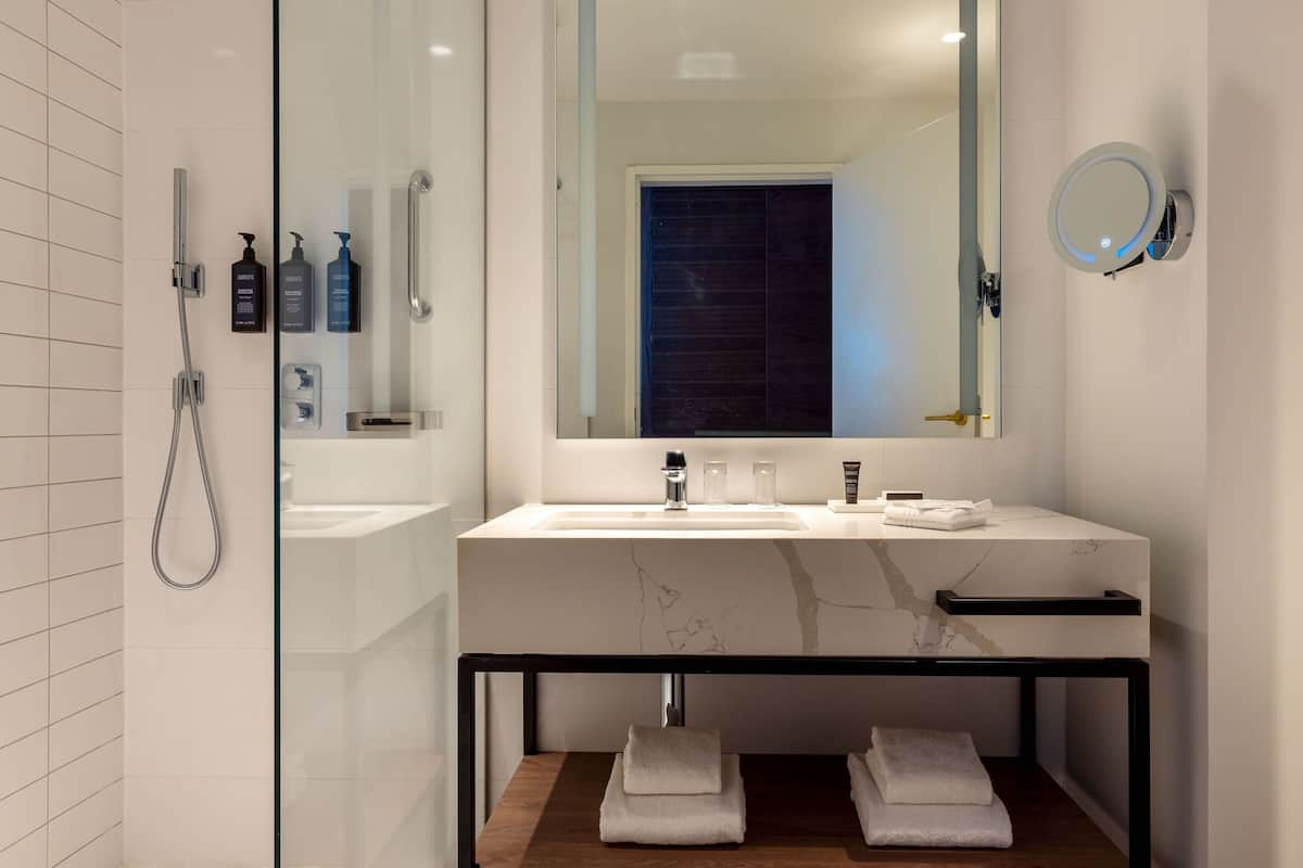 free toiletries, hair dryer, towels