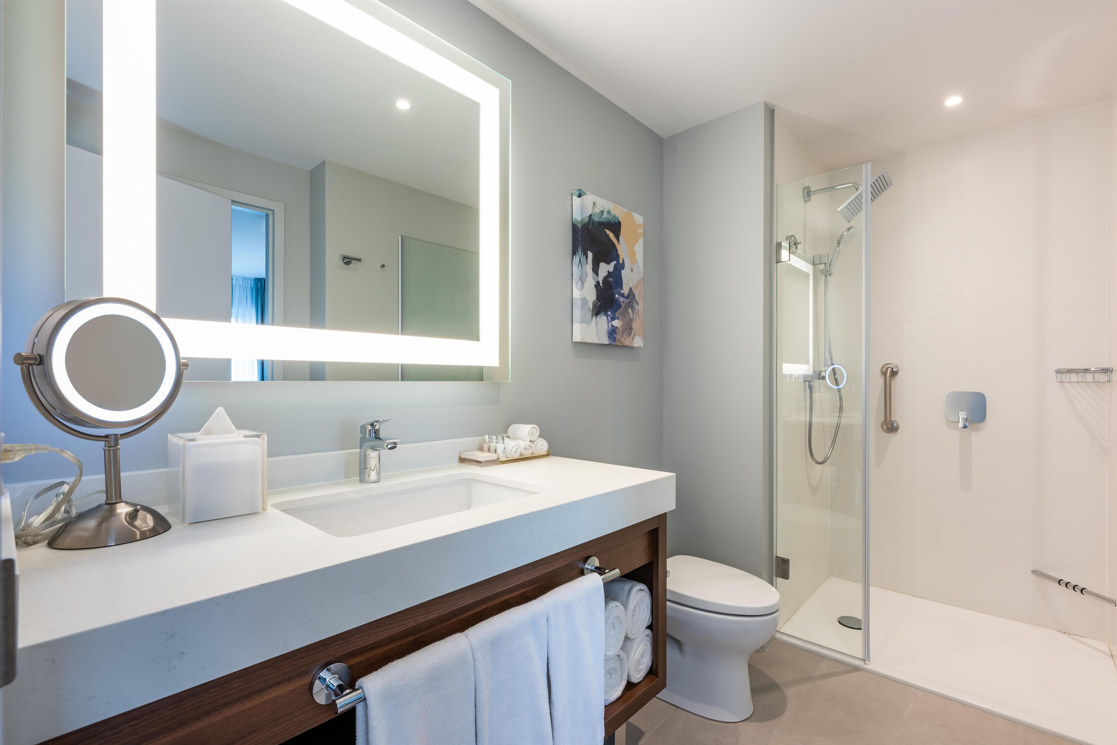 Une salle de bain moderne avec un grand miroir, deux vasques, une douche à l’italienne et un porte-serviettes.