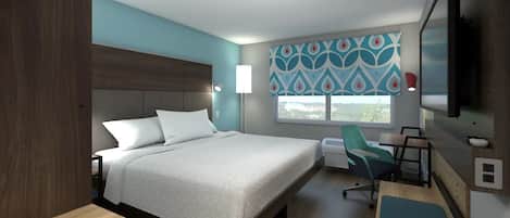 A hotel room with a large bed, a desk, a chair, a window with a view, and a flat-screen TV mounted on the wall.