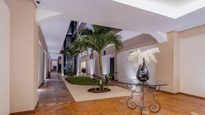A spacious corridor with a polished floor, a palm tree, and a vase of white flowers on a glass table. - Hotel Plaza by Kavia (Mérida)