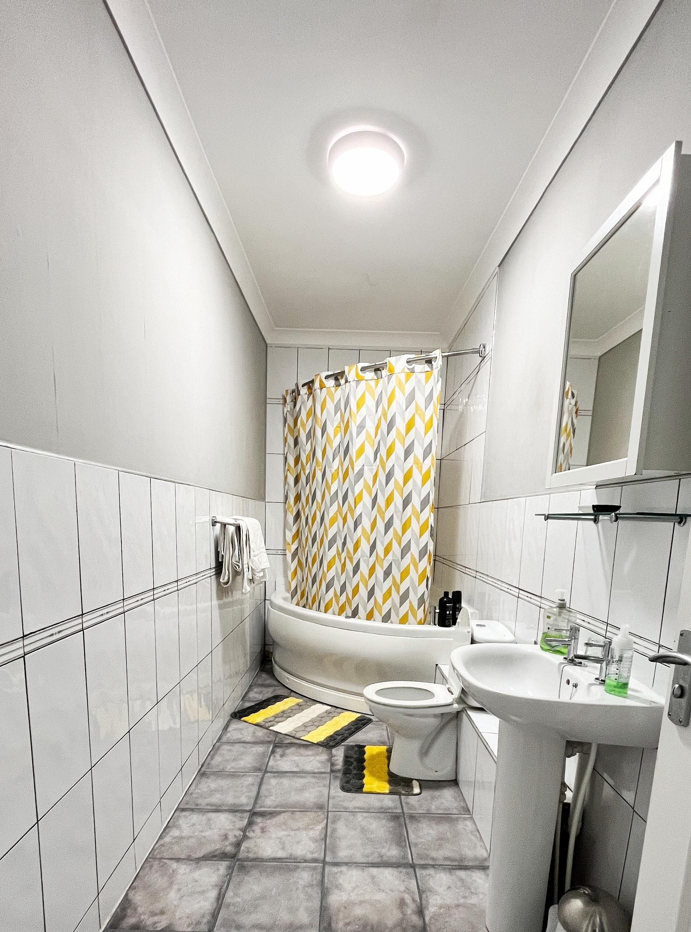 Duschwanne, Haartrockner, Handtücher, Seife