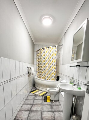 Suihkun ja ammeen yhdistelmä, hiustenkuivaaja, pyyhkeet, saippua