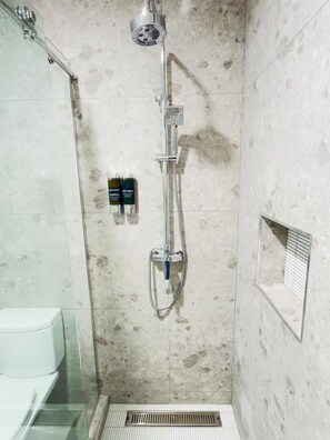 Douche, sèche-cheveux, serviettes fournies, savon