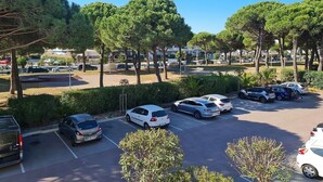 Un parking où sont garées plusieurs voitures, entouré d’arbres et de verdure.