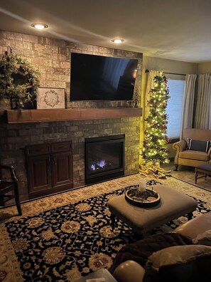 TV connectée, cheminée, livres