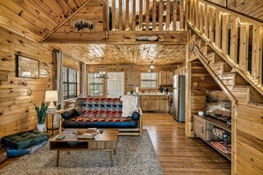 Smart TV, fireplace, books, stereo