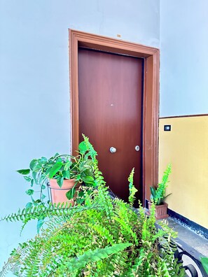 A brown door with a small sign above it, surrounded by green plants and a yellow wall.