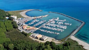 Vista aérea de un puerto deportivo con numerosas embarcaciones amarradas, rodeado de vegetación y un mar azul cristalino.