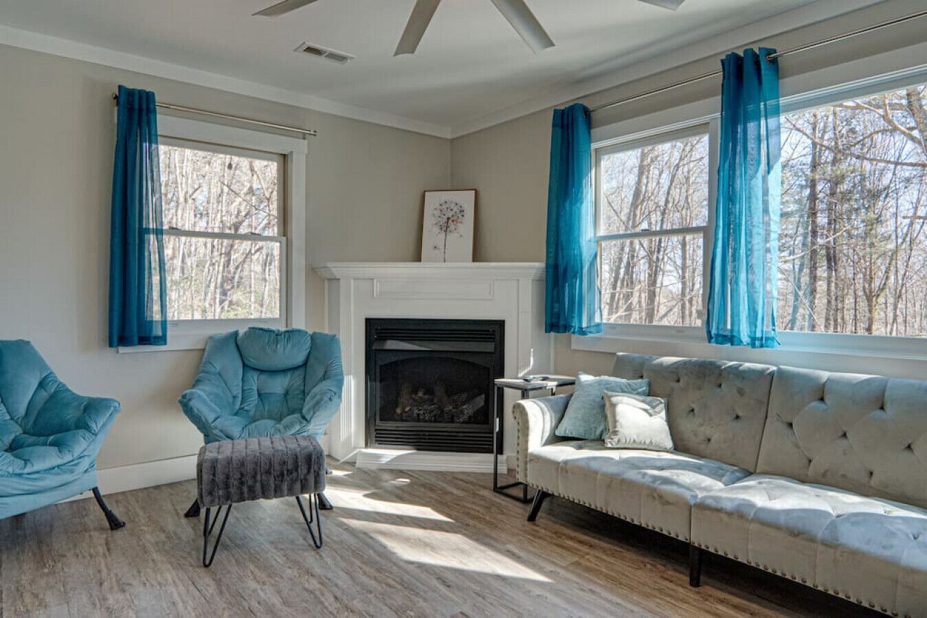 Smart TV, fireplace, video games, DVD player