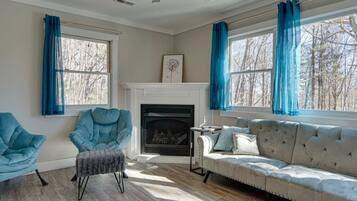 Smart TV, fireplace, video games, DVD player