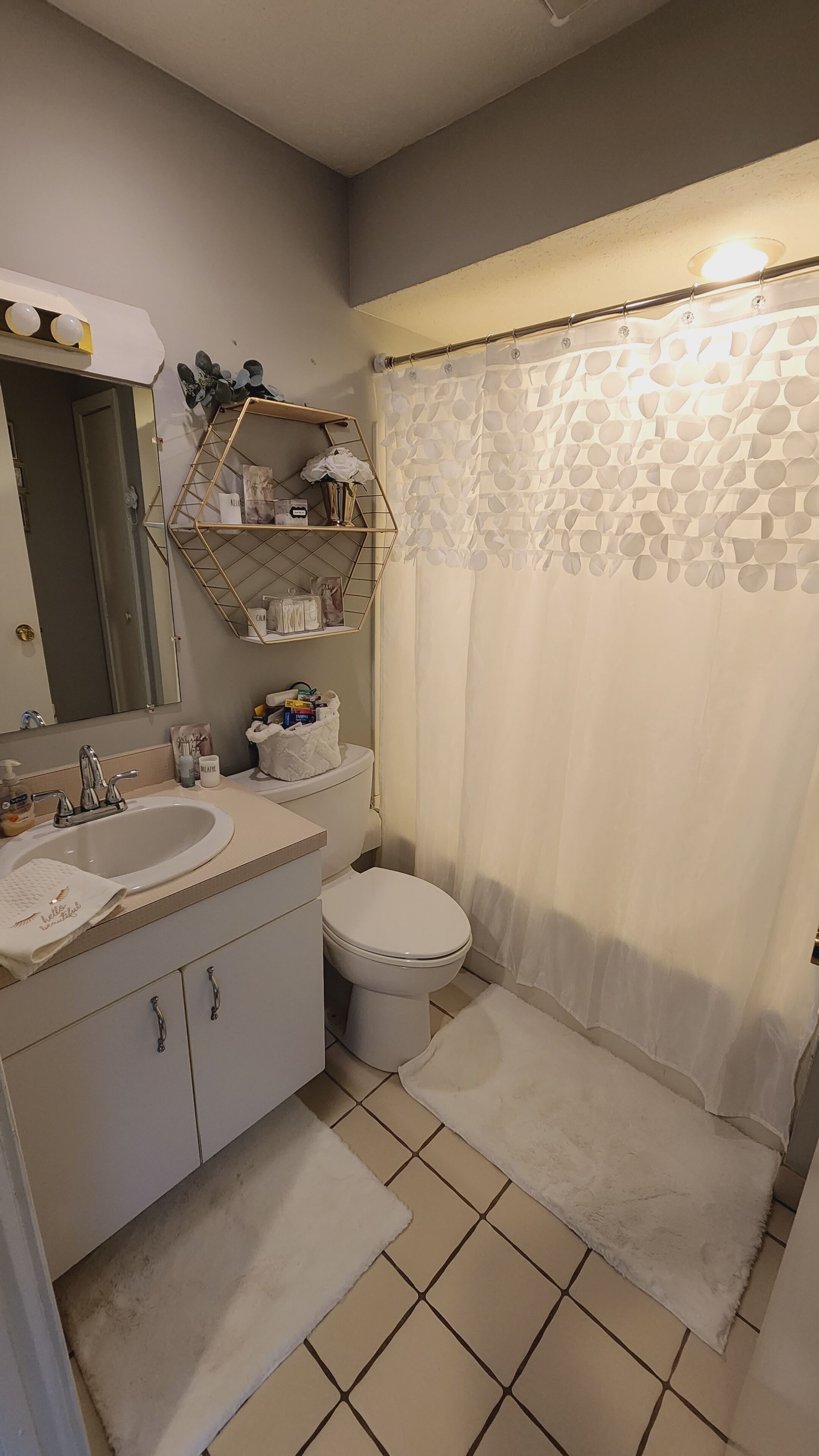 Combined shower/bathtub, hair dryer, towels, soap