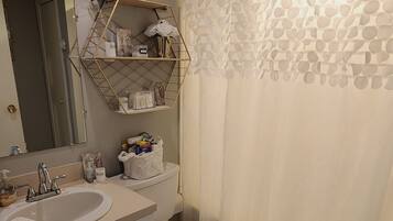 Combined shower/bathtub, hair dryer, towels, soap