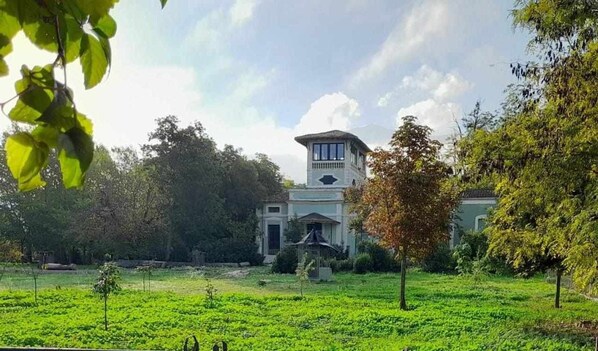 A building with a central tower and a symmetrical facade, surrounded by a lush green lawn and trees. - Cozy rural accommodation ideal for groups (Agres, Alicante)