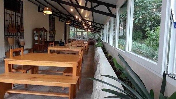 A long dining area with wooden tables and benches, a stone wall with plants, and large windows offering a view of greenery.