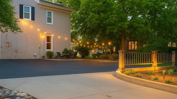 A residential street with a house featuring a front porch, outdoor seating, and string lights. - Cozy, and private apartment near Lake Shelbyville (Shelbyville)