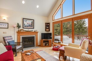 Télévision, cheminée, livres