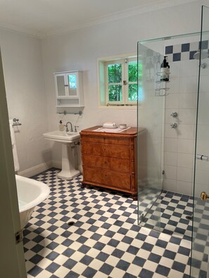 Bathtub, hair dryer, towels, soap