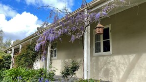Une maison dotée d’un jardin agrémenté de fleurs violettes et de verdure.