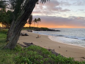 On the beach, sun loungers, beach towels