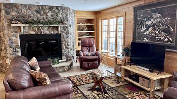 Smart TV, fireplace, video games, DVD player