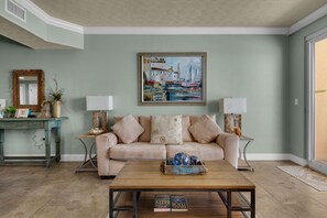 Condo, Multiple Beds, Hot Tub | Living room | TV - Treasure Island 0907 (Panama City Beach)