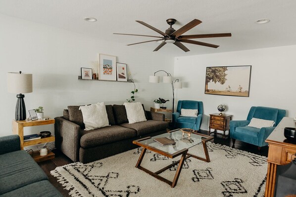 Smart TV, fireplace, foosball, table tennis